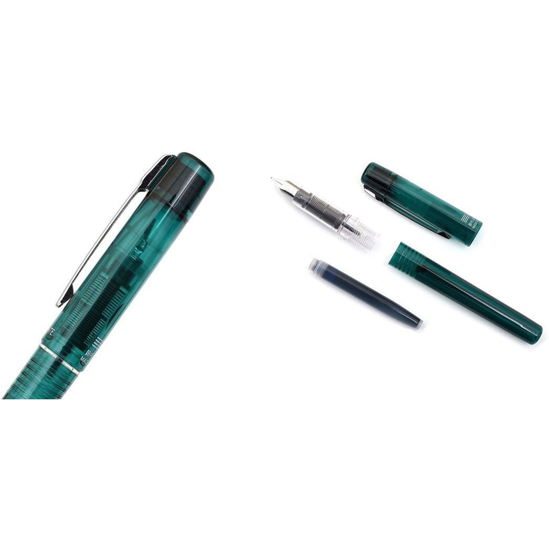 Platinum Prefounte Fountain Ink Pen with SS Fine Nib, Translucent Dark Emerald Green Barrel, Cap, Blue Ink Cartridge Included, Slip & Seal Cap Design, Ideal for Adults Daily Use Beginners