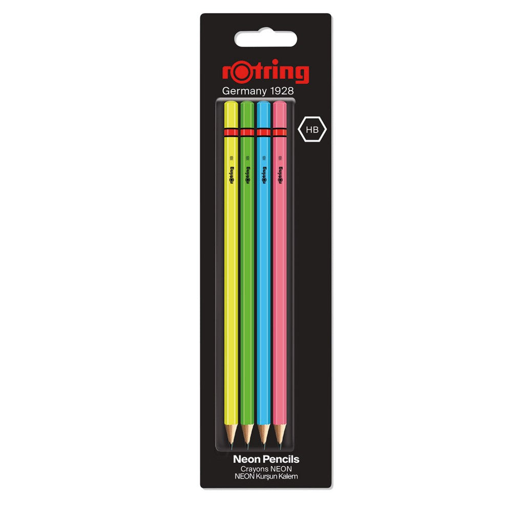 Rotring | Woodcase | HB Graphite Pencil | Neon Assorted Colours | Blister Pack of 4 Wooden Pencils