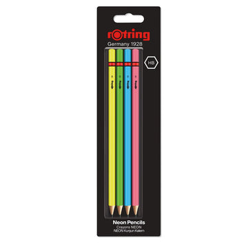 Rotring | Woodcase | HB Graphite Pencil | Neon Assorted Colours | Blister Pack of 4 Wooden Pencils