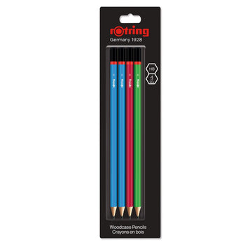 Rotring | Woodcase | HB Graphite Pencil | Core Assorted Colours | Blister Pack of 4 Wooden Pencils