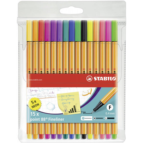 Stabilo | Point 88 | Fineliner | Assorted Neon Colors | Pack Of 15 - penpencilink