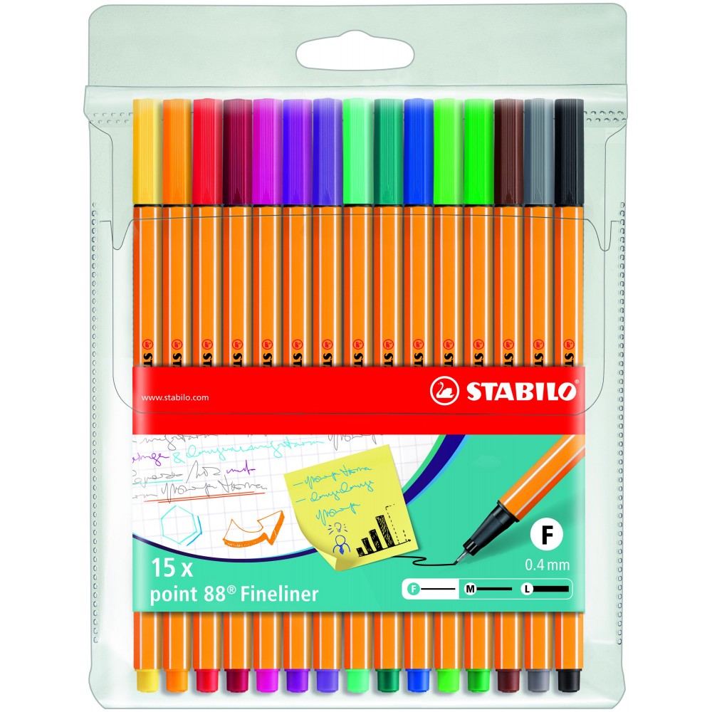 Stabilo | Point 88 | Fineliner | Assorted Colors | Pack Of 15 - penpencilink