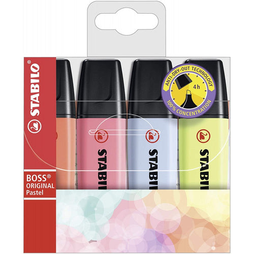 Stabilo | Boss | Original Pastel | Highlighter Pen | wallet Of 4 | Assorted Colours - penpencilink