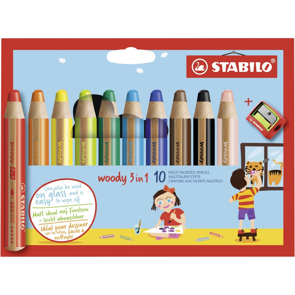 Stabilo | Woody 3 In 1 | Colour Pencil | Wallet Of 10 Assorted Colours - penpencilink