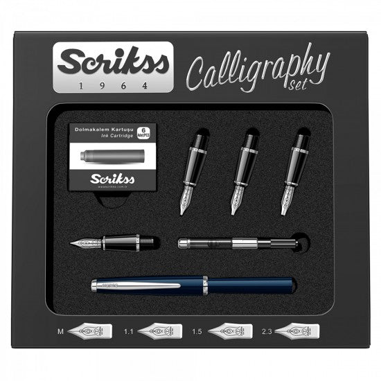 Scrikss | Calligraphy | Pen Set | Blue | Medium, 1.1mm, 1.5mm, 2.3mm Nib - penpencilink
