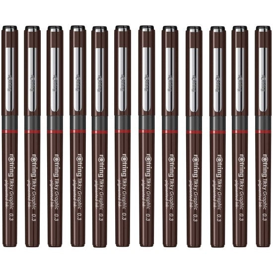 Rotring | Tikky | Graphic Fineliner | Black Pigmented Lightfast | Pack of 12pieces | 0.3mm
