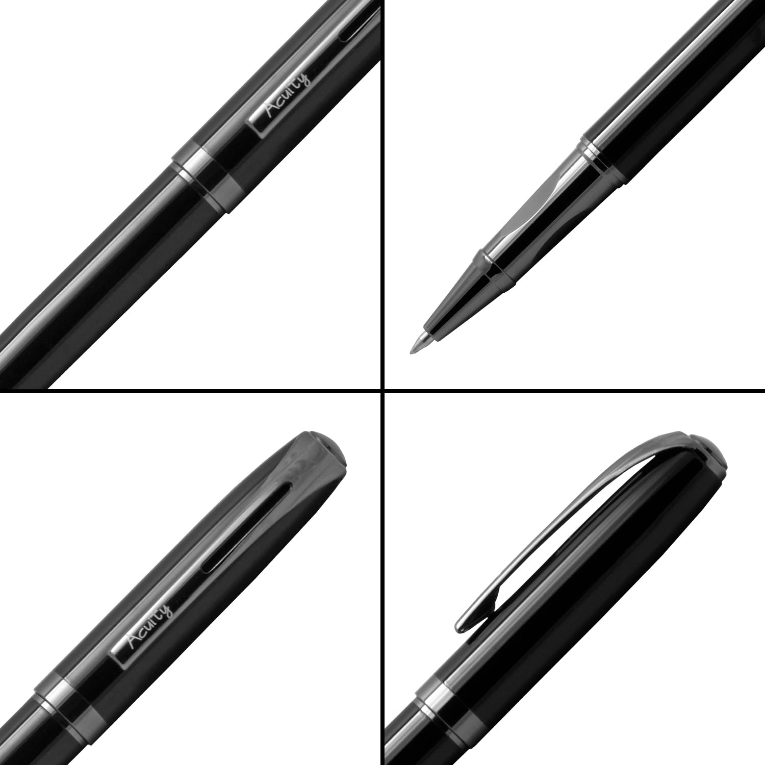 Acuity Roller Gel Pen - Glossy Black Metal Body with Metallic Black Accessories - It Comes in a Pen Pouch - Ink Colour Blue - 10002