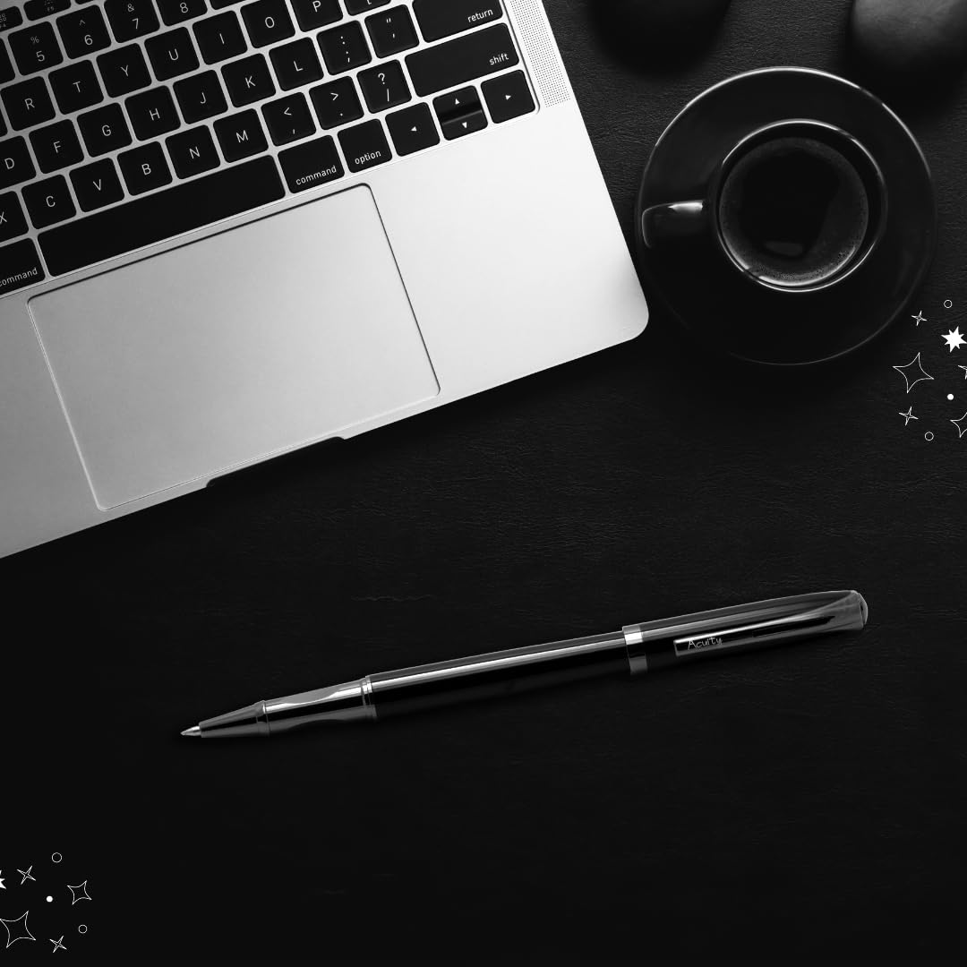 Acuity Roller Gel Pen - Glossy Black Metal Body with Metallic Black Accessories - It Comes in a Pen Pouch - Ink Colour Blue - 10002