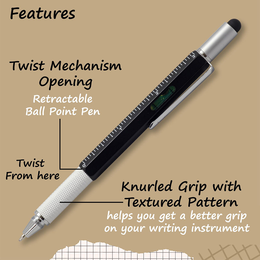Acuity Multi-Use Ball Point Pen Metal Body with Scale, Stylus, Screwdriver & Spirit Level - Comes in a Pen Pouch - Ink Colour Blue - 10008