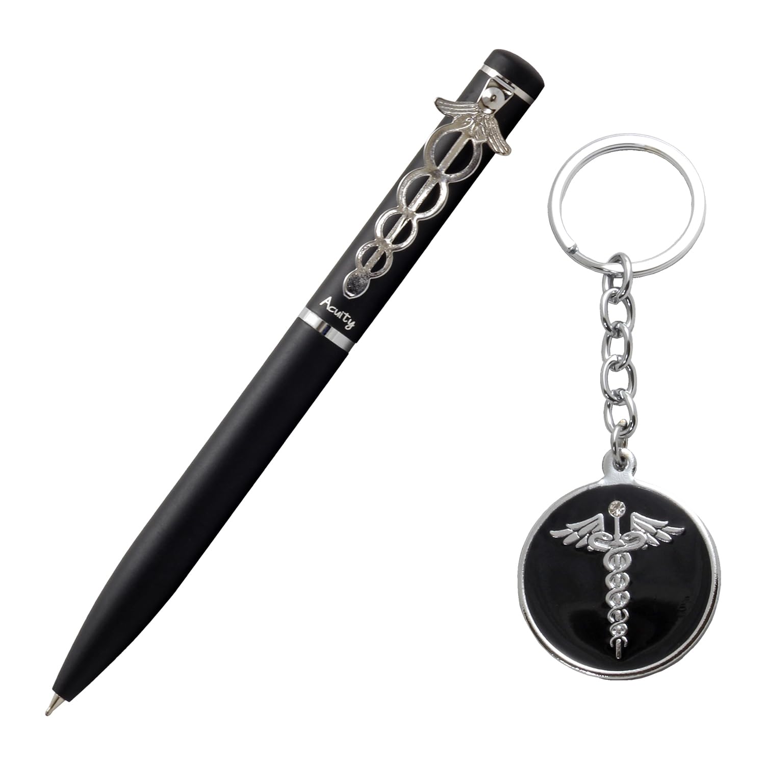 Acuity Metal Doctor Pen and Keychain Gift Set – Matte Black Finish Ballpoint Pen & Caduceus Medical Symbol Keyring with Gift Box – Good Gift for Doctors, Surgeons, & Medical Students - 10009 Set
