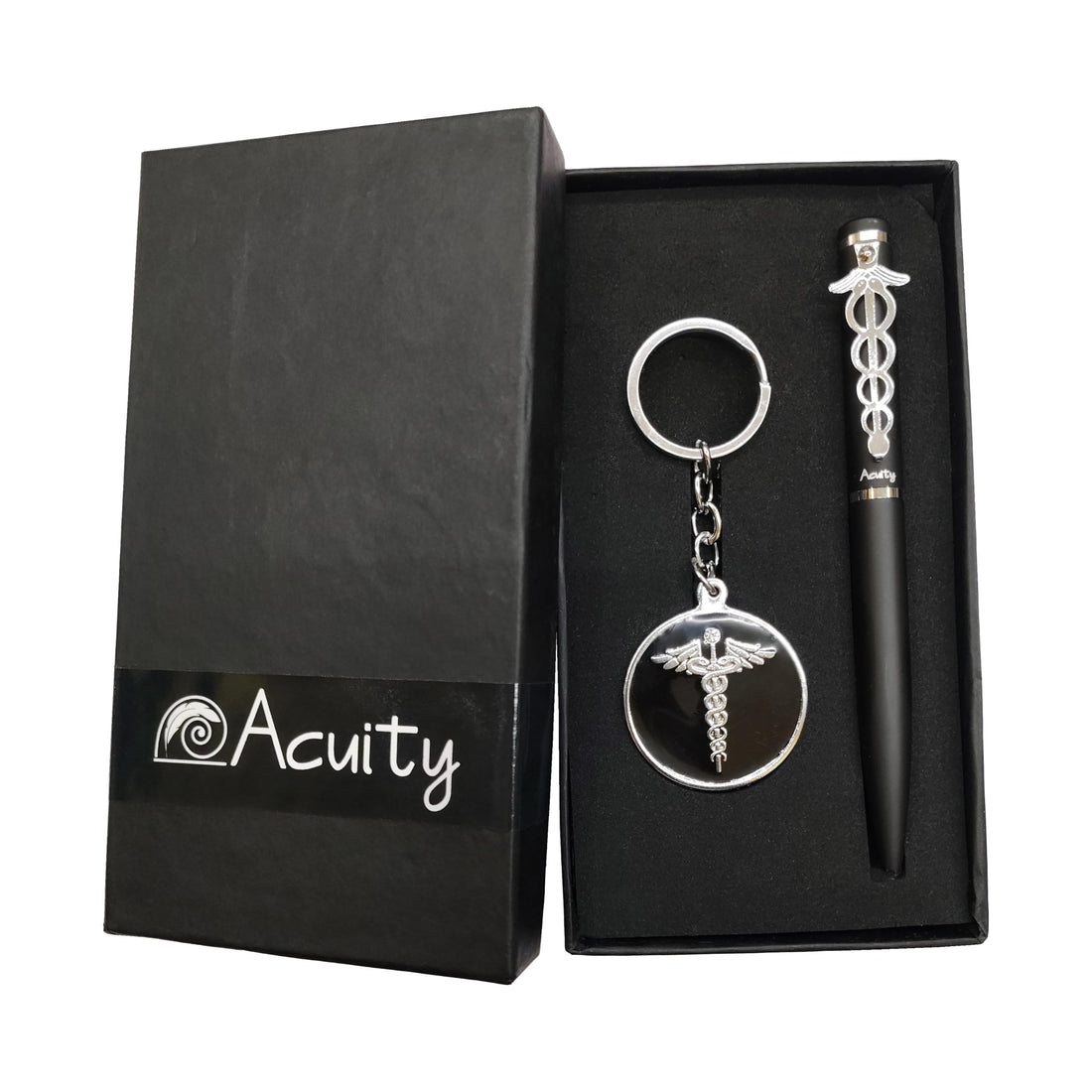 Acuity Metal Doctor Pen and Keychain Gift Set – Matte Black Finish Ballpoint Pen & Caduceus Medical Symbol Keyring with Gift Box – Good Gift for Doctors, Surgeons, & Medical Students - 10009 Set