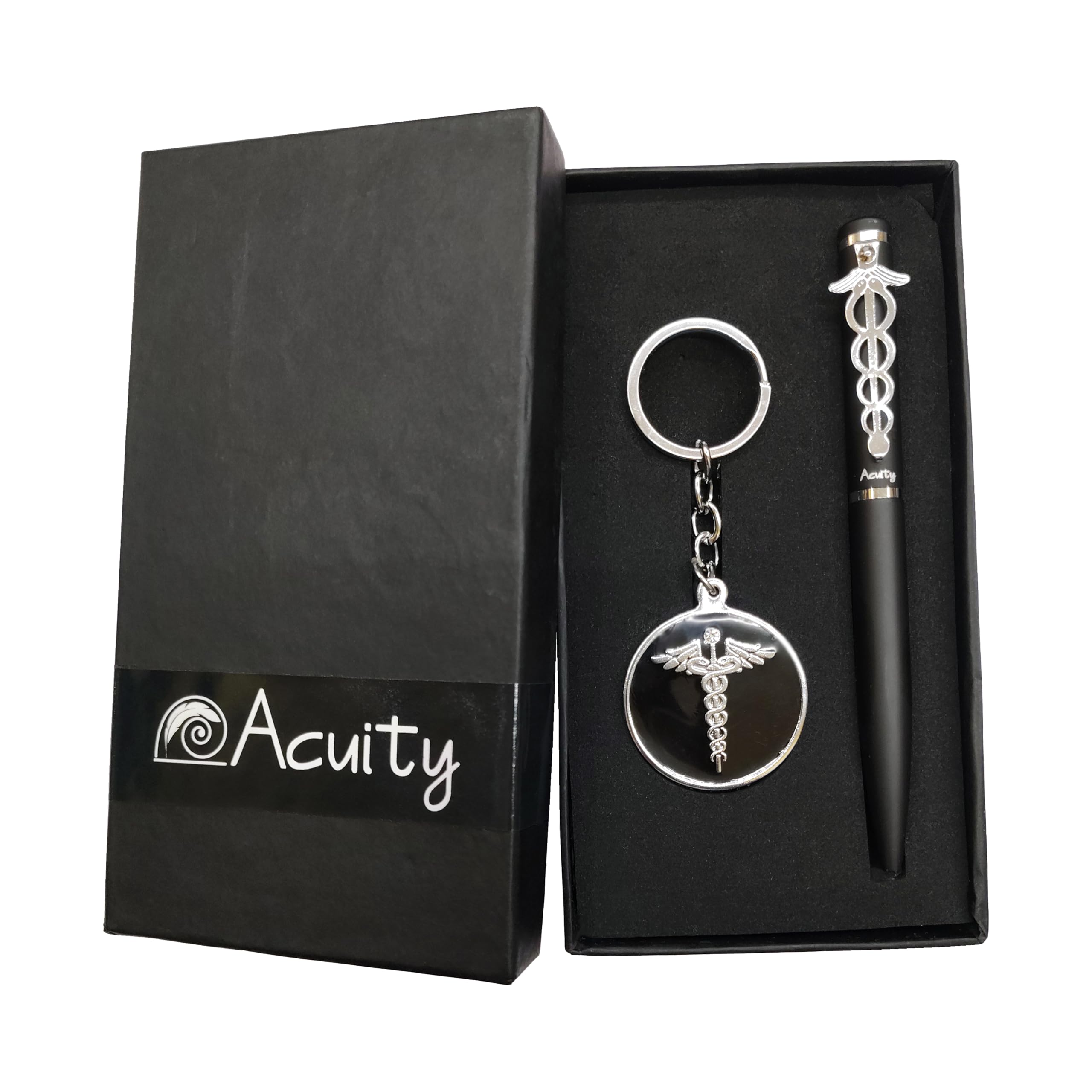 Acuity Metal Doctor Pen and Keychain Gift Set – Matte Black Finish Ballpoint Pen & Caduceus Medical Symbol Keyring with Gift Box – Good Gift for Doctors, Surgeons, & Medical Students - 10009 Set