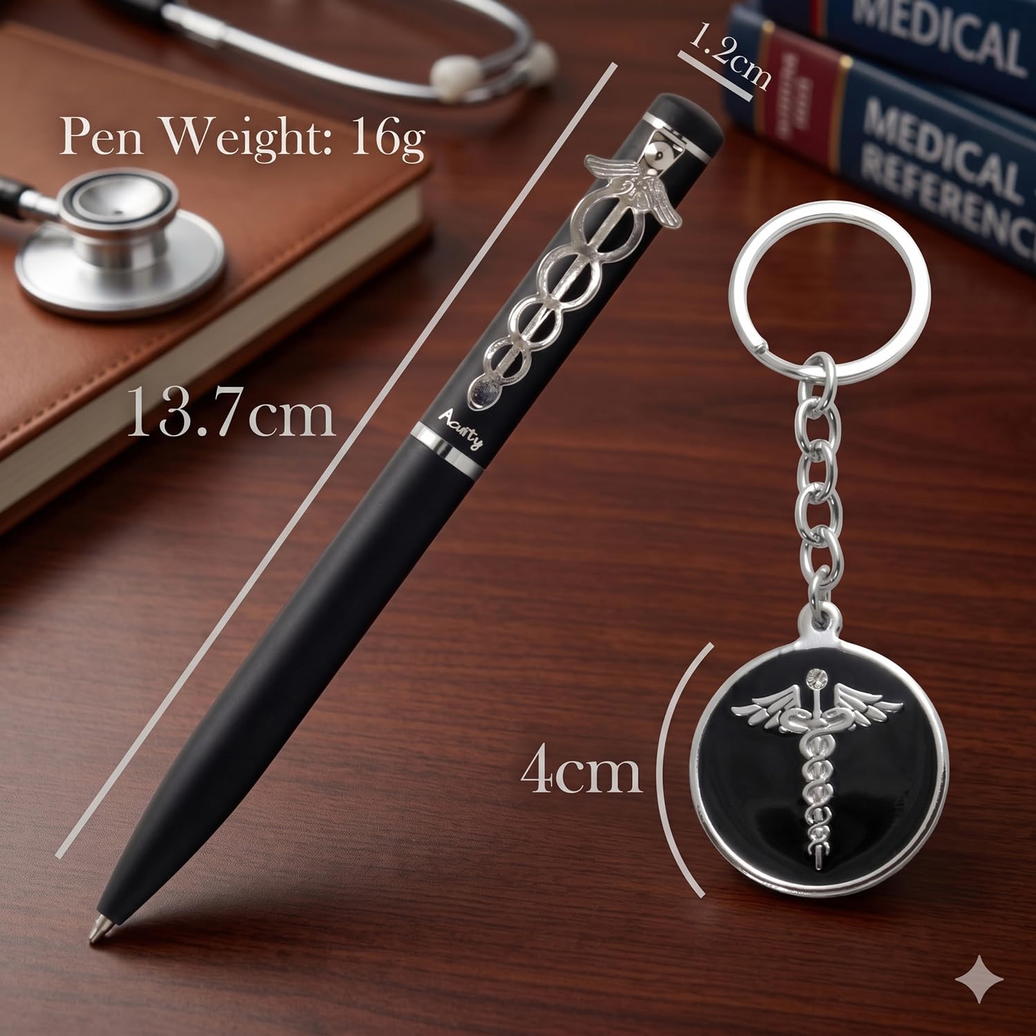Acuity Metal Doctor Pen and Keychain Gift Set – Matte Black Finish Ballpoint Pen & Caduceus Medical Symbol Keyring with Gift Box – Good Gift for Doctors, Surgeons, & Medical Students - 10009 Set