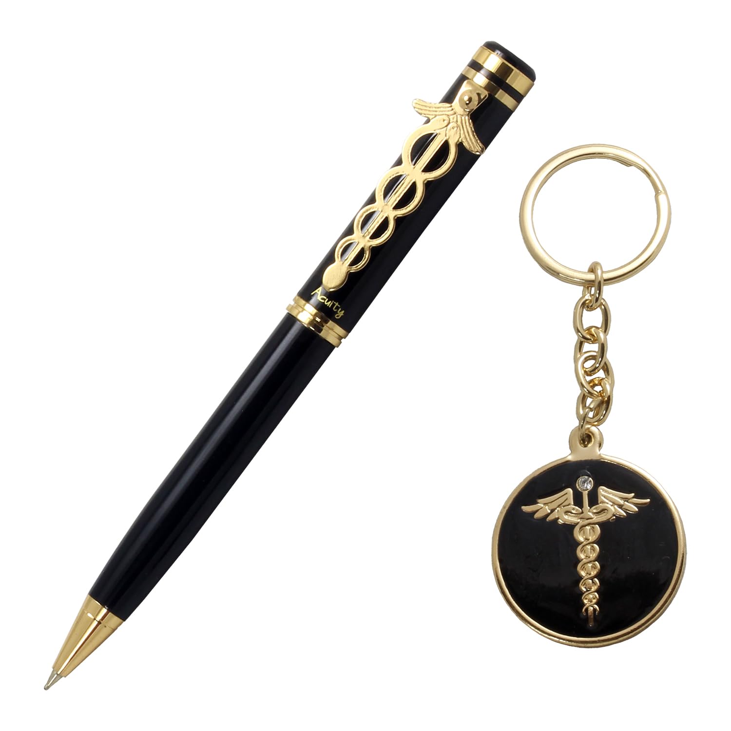 Acuity Metal Doctor Pen and Keychain Gift Set – Glossy Black Finish Ballpoint Pen & Caduceus Medical Symbol Keyring with Gift Box – Good Gift for Doctors, Surgeons, & Medical Students - 10011 Set