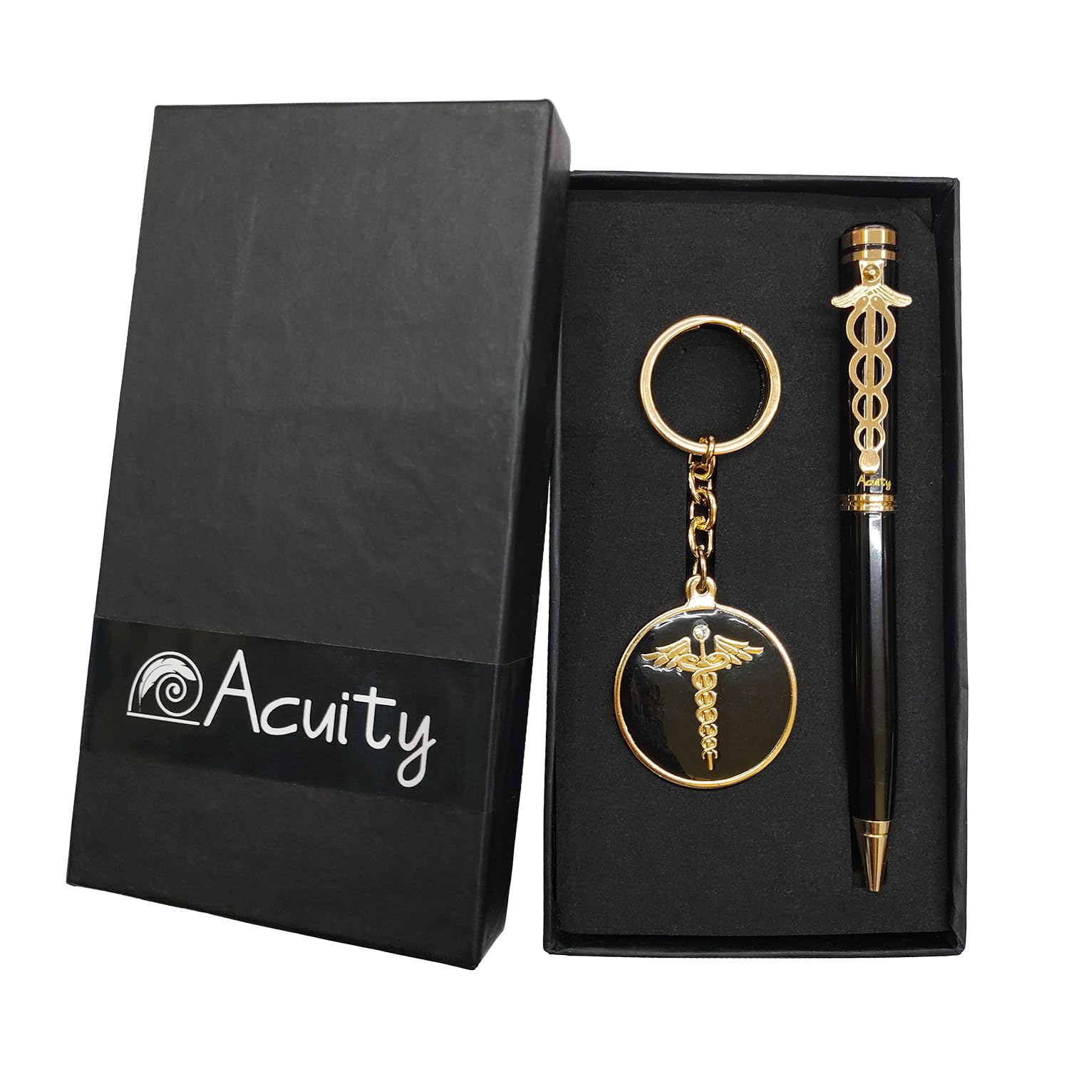 Acuity Metal Doctor Pen and Keychain Gift Set – Glossy Black Finish Ballpoint Pen & Caduceus Medical Symbol Keyring with Gift Box – Good Gift for Doctors, Surgeons, & Medical Students - 10011 Set