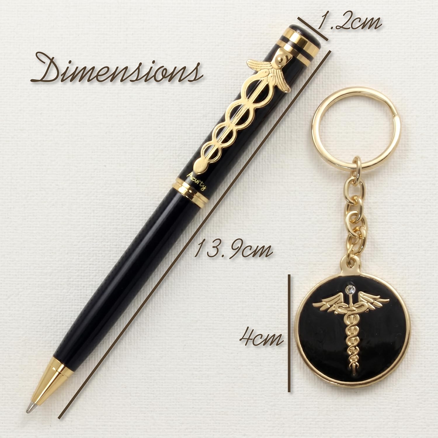 Acuity Metal Doctor Pen and Keychain Gift Set – Glossy Black Finish Ballpoint Pen & Caduceus Medical Symbol Keyring with Gift Box – Good Gift for Doctors, Surgeons, & Medical Students - 10011 Set