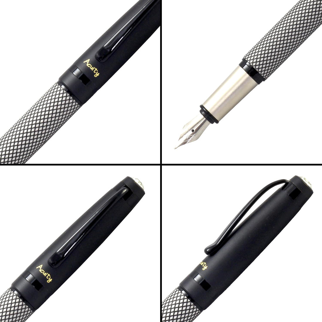 Acuity Fine Nib Fountain Pen with Converter - Metal Body with Matte Black Finish - Classy Checks Design & Black Clip - Comes in a Pen Pouch - 10017