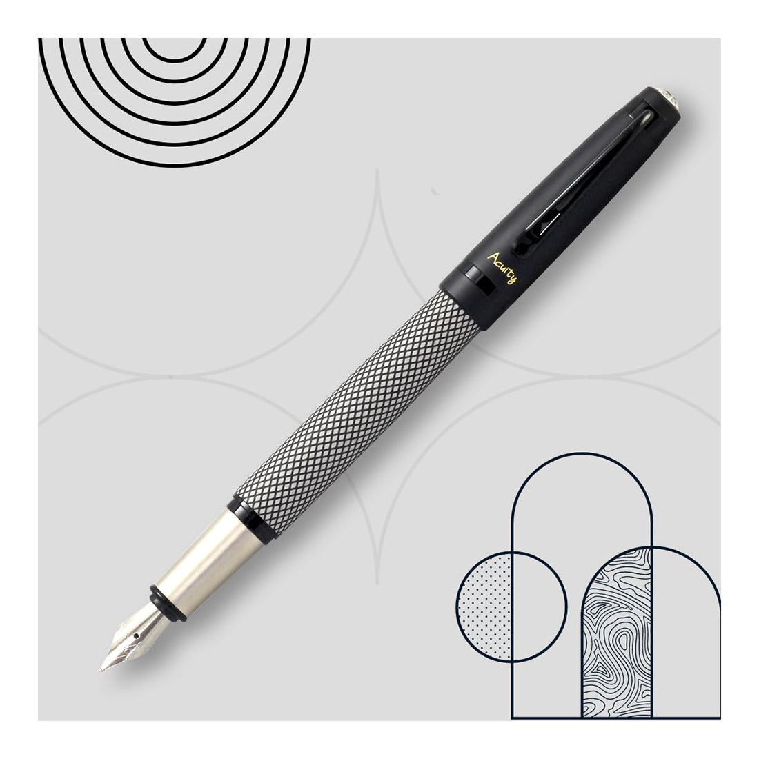 Acuity Fine Nib Fountain Pen with Converter - Metal Body with Matte Black Finish - Classy Checks Design & Black Clip - Comes in a Pen Pouch - 10017