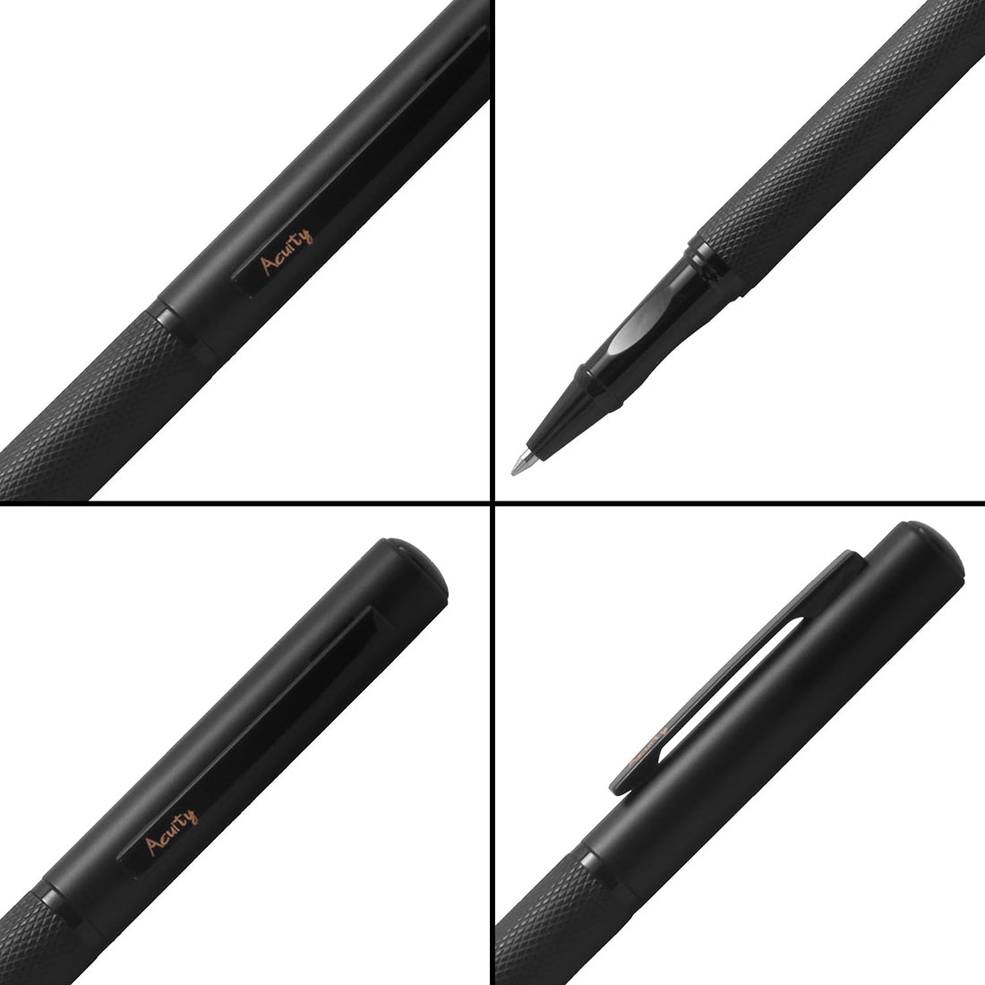 Acuity Roller Ball Point Pen - Metal Body with Matte Black Finish, Checked Body, and Glossy Black Accessories - It Comes in a Pouch - 10020
