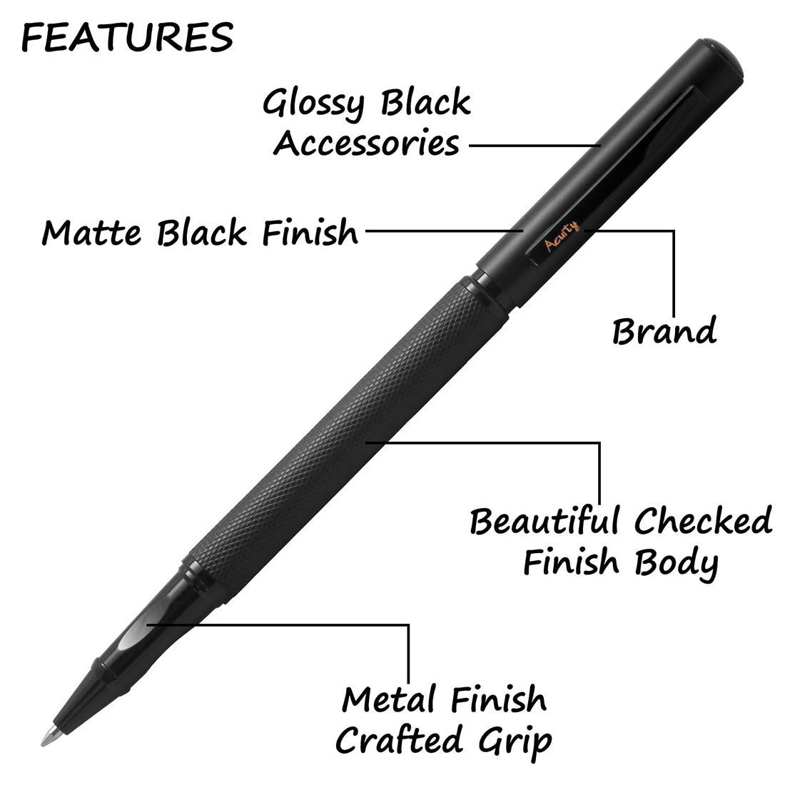 Acuity Roller Ball Point Pen - Metal Body with Matte Black Finish, Checked Body, and Glossy Black Accessories - It Comes in a Pouch - 10020