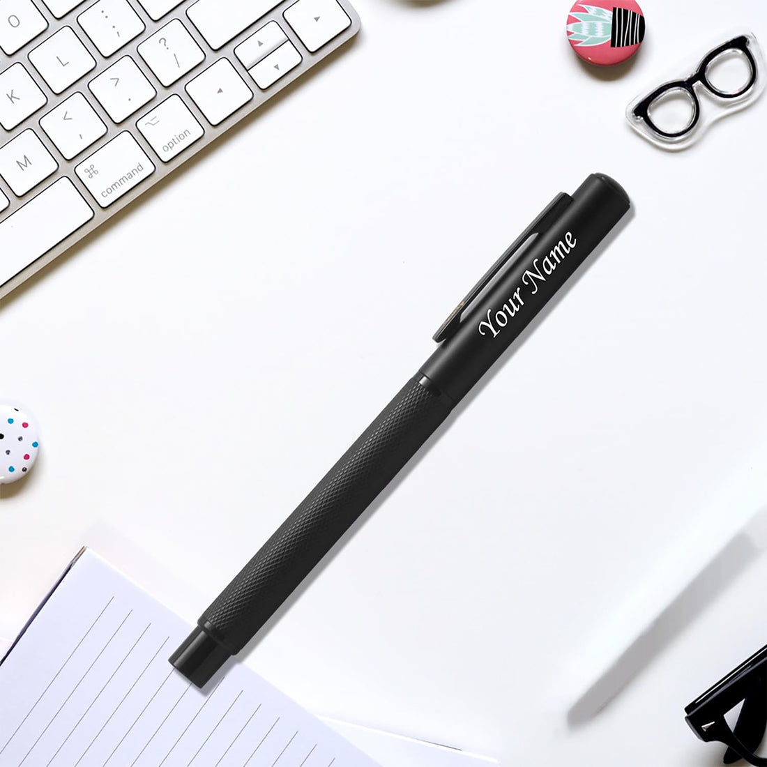 Acuity Roller Ball Point Pen - Metal Body with Matte Black Finish, Checked Body, and Glossy Black Accessories - It Comes in a Pouch - 10020