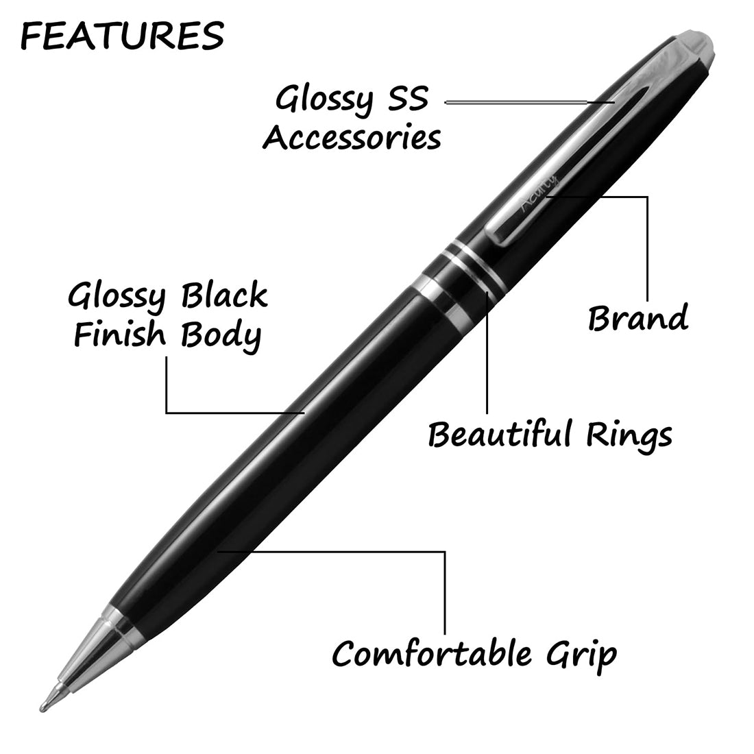 Acuity Ball Point Pen - Metal Body with Shiny Black Finish and SS Accessories - It Comes in a Pouch - 10024 Black