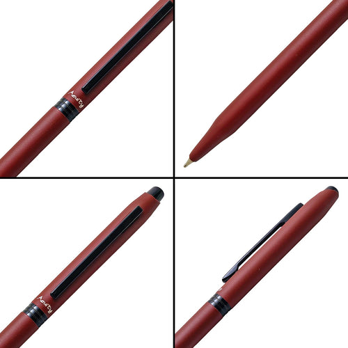 Acuity Slim Ball Point Pen Set - Metal Body with Matte Finish, and Glossy Black Clip – Ink Colour Blue - It Comes in a Pouch - (Set of 2 Pens – Maroon & Black) - 10029
