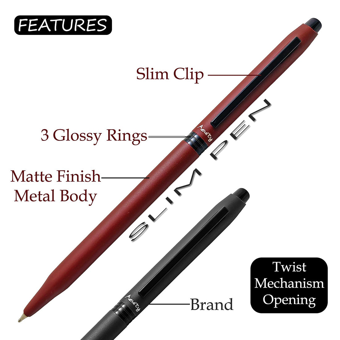 Acuity Slim Ball Point Pen Set - Metal Body with Matte Finish, and Glossy Black Clip – Ink Colour Blue - It Comes in a Pouch - (Set of 2 Pens – Maroon & Black) - 10029