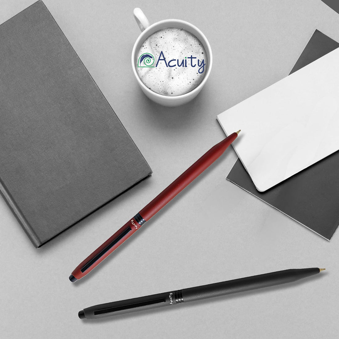 Acuity Slim Ball Point Pen Set - Metal Body with Matte Finish, and Glossy Black Clip – Ink Colour Blue - It Comes in a Pouch - (Set of 2 Pens – Maroon & Black) - 10029