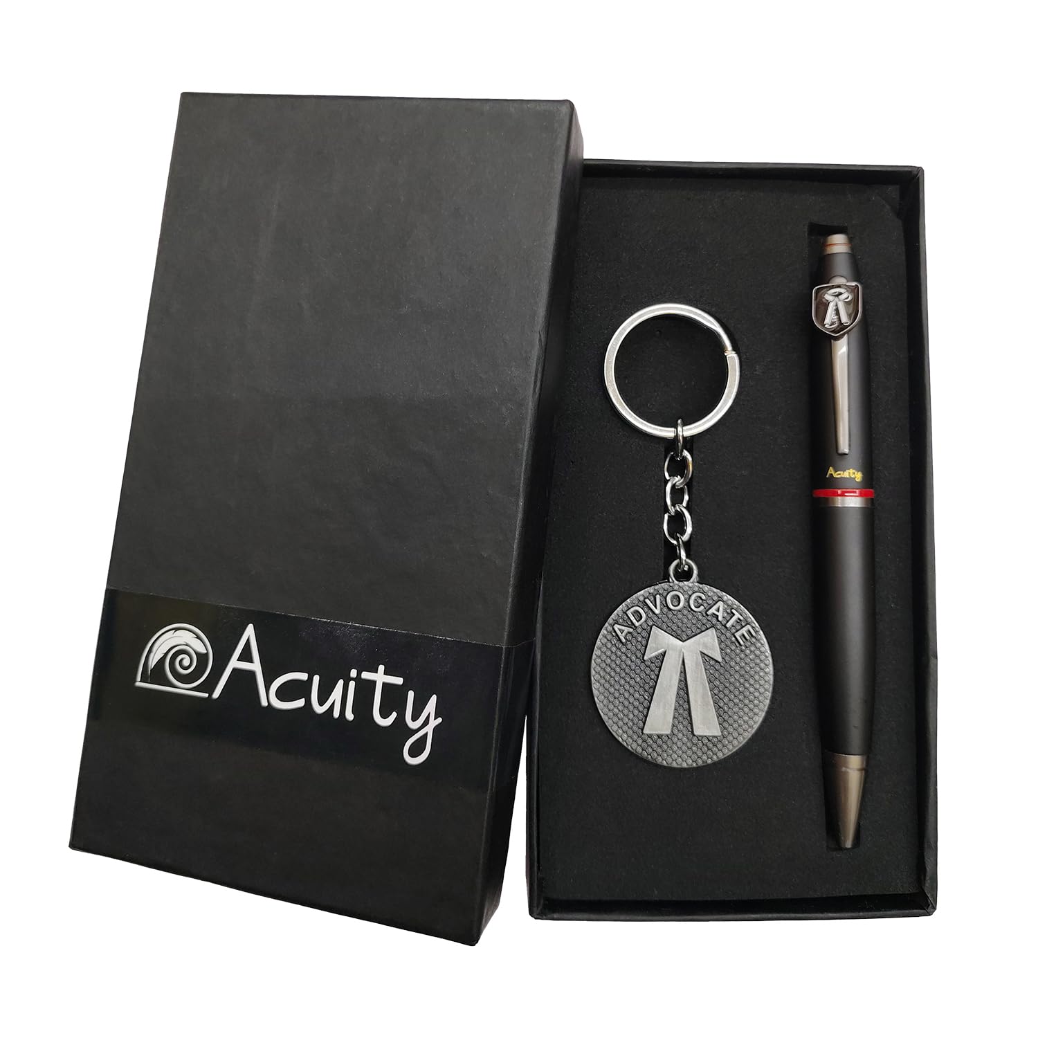 Acuity Metal Advocate Pen and Keychain Gift Set – Matte Black Finish Ballpoint Pen & Lawyer Insignia Keyring with Gift Box – Good Gift for Advocates, Judges, Law Students - 10037 Set