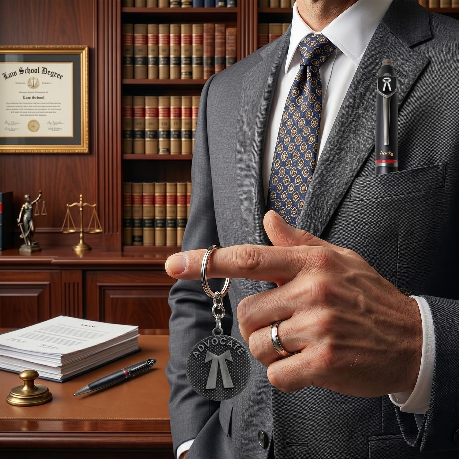 Acuity Metal Advocate Pen and Keychain Gift Set – Matte Black Finish Ballpoint Pen & Lawyer Insignia Keyring with Gift Box – Good Gift for Advocates, Judges, Law Students - 10037 Set