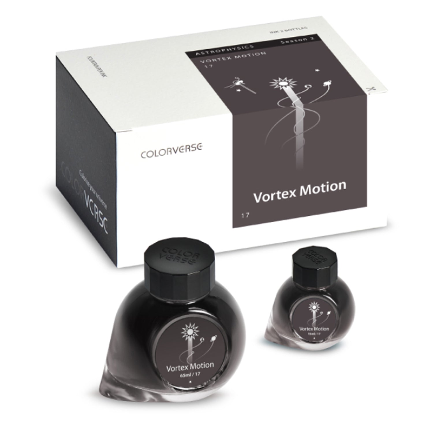Colorverse | Astrophysics Series | Season 2 | Vortex Motion | Fountain Pen Ink | Black | 65ml and 15ml | 2 Bottle Set