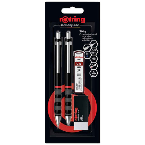 Rotring | Tikky | Mechanical Pencil, Ballpoint, Eraser & Lead Refills Set | HB Lead, 0.5 mm Pencil | Medium Point Pen | Black Barrel | Lightweight with Rubberised Grip