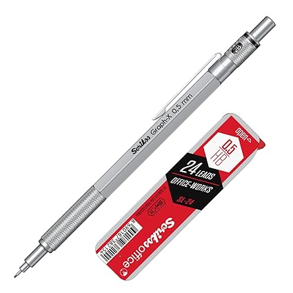 Scrikss Graph-X 0.5mm Mechanical Pencil with 2B Lead (1 Tube of 24 Leads), Brass Body with Satin Chrome Finish, Interchangeable Mini Eraser - 71271
