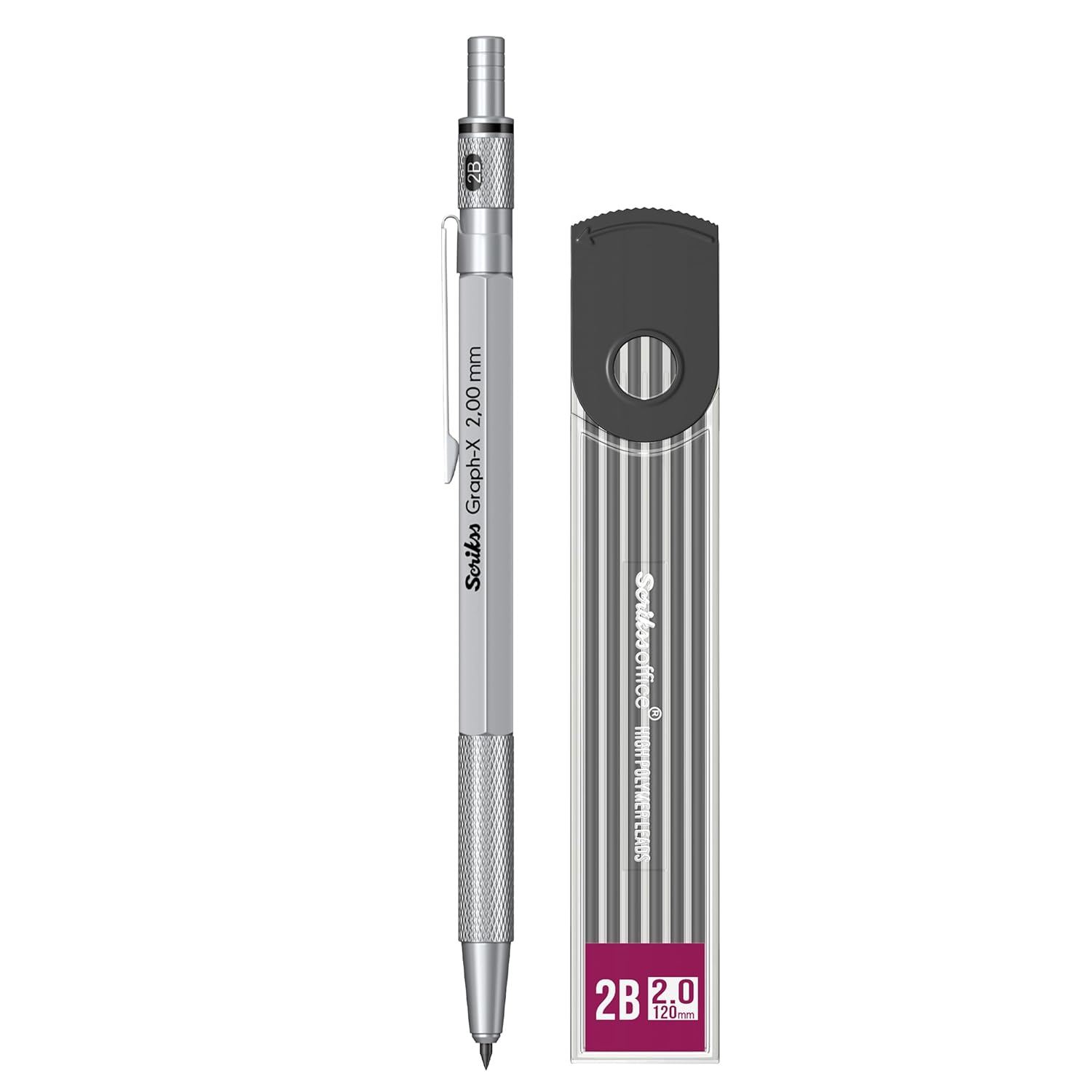 Scrikss 2.0mm Mechanical Clutch Lead Pen Pencil Satin Chrome Body Graph-X Series Mini Removable Sharpener Includes 12 Leads 2B