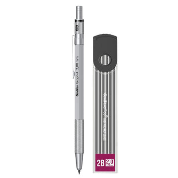 Scrikss 2.0mm Mechanical Clutch Lead Pen Pencil Satin Chrome Body Graph-X Series Mini Removable Sharpener Includes 12 Leads 2B
