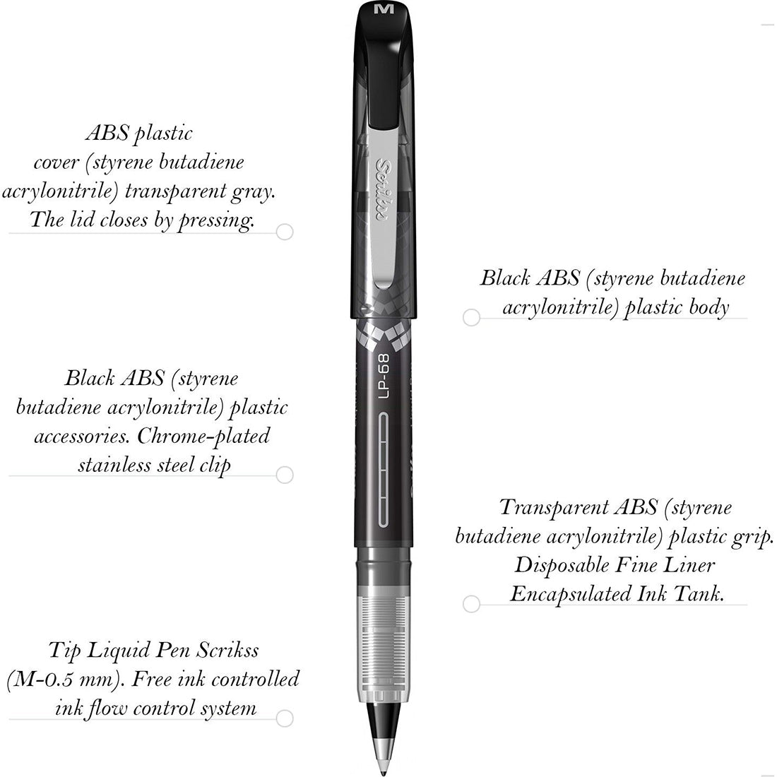 Scrikss Office 0.5 mm Liquid Ink Pen - Chrome Plated Tip & Controlled Ink Flow Adjustment System - LP68 Black Set of 3