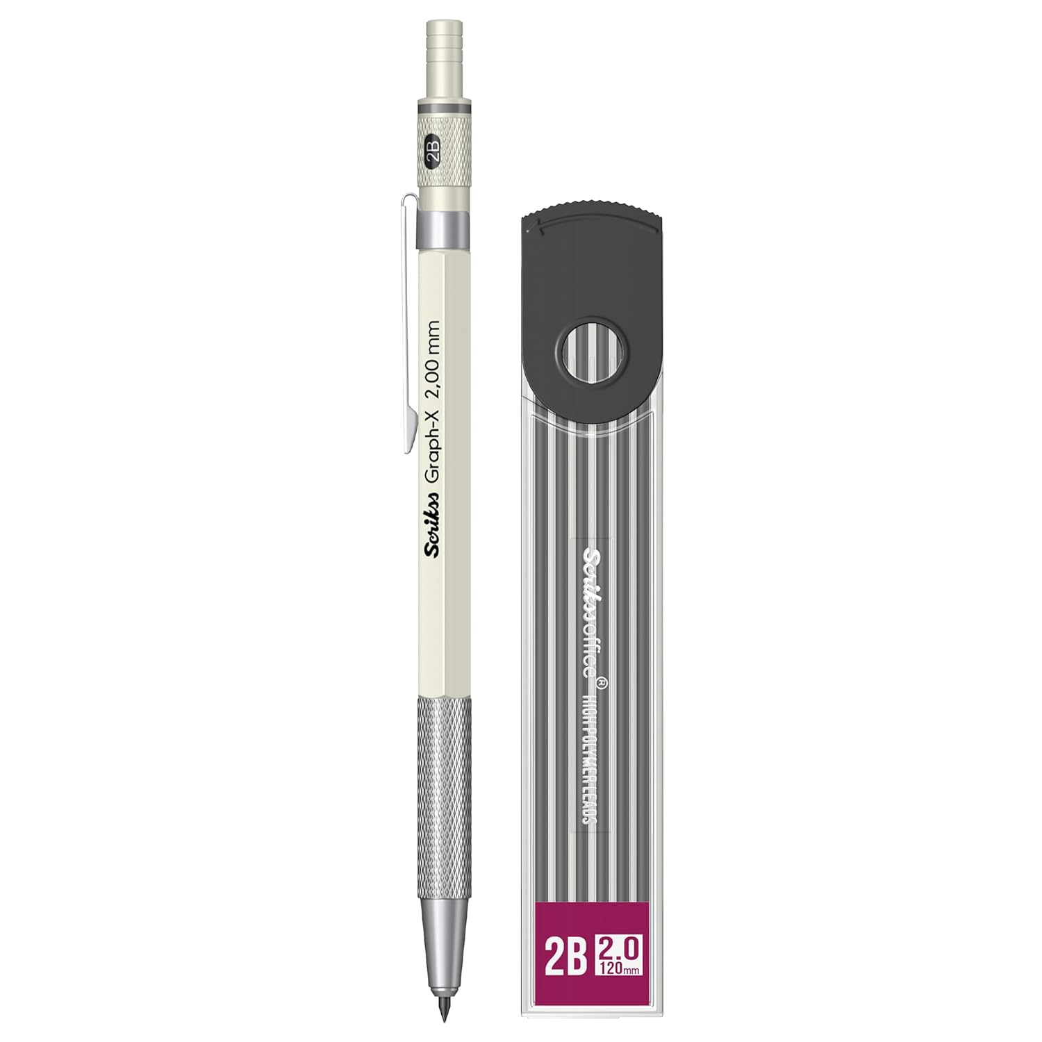 Scrikss 2.0mm Mechanical Clutch Lead Pen Pencil Ivory Body Graph-X Series Mini Removable Sharpener Includes 12 Leads 2B