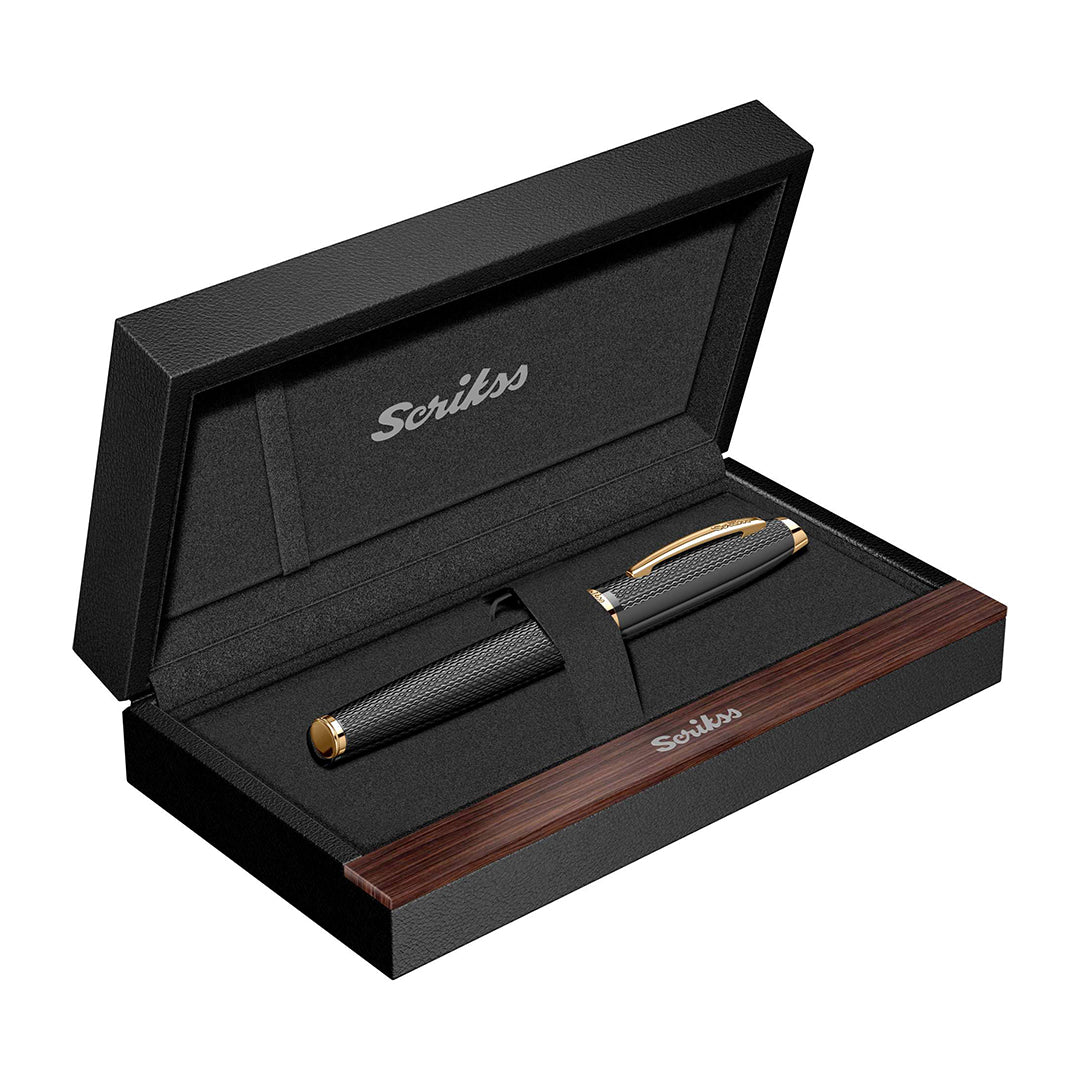 Scrikss | Oscar 390 | Fountain Ink Pen | Medium | Matt Black with Gold Trims