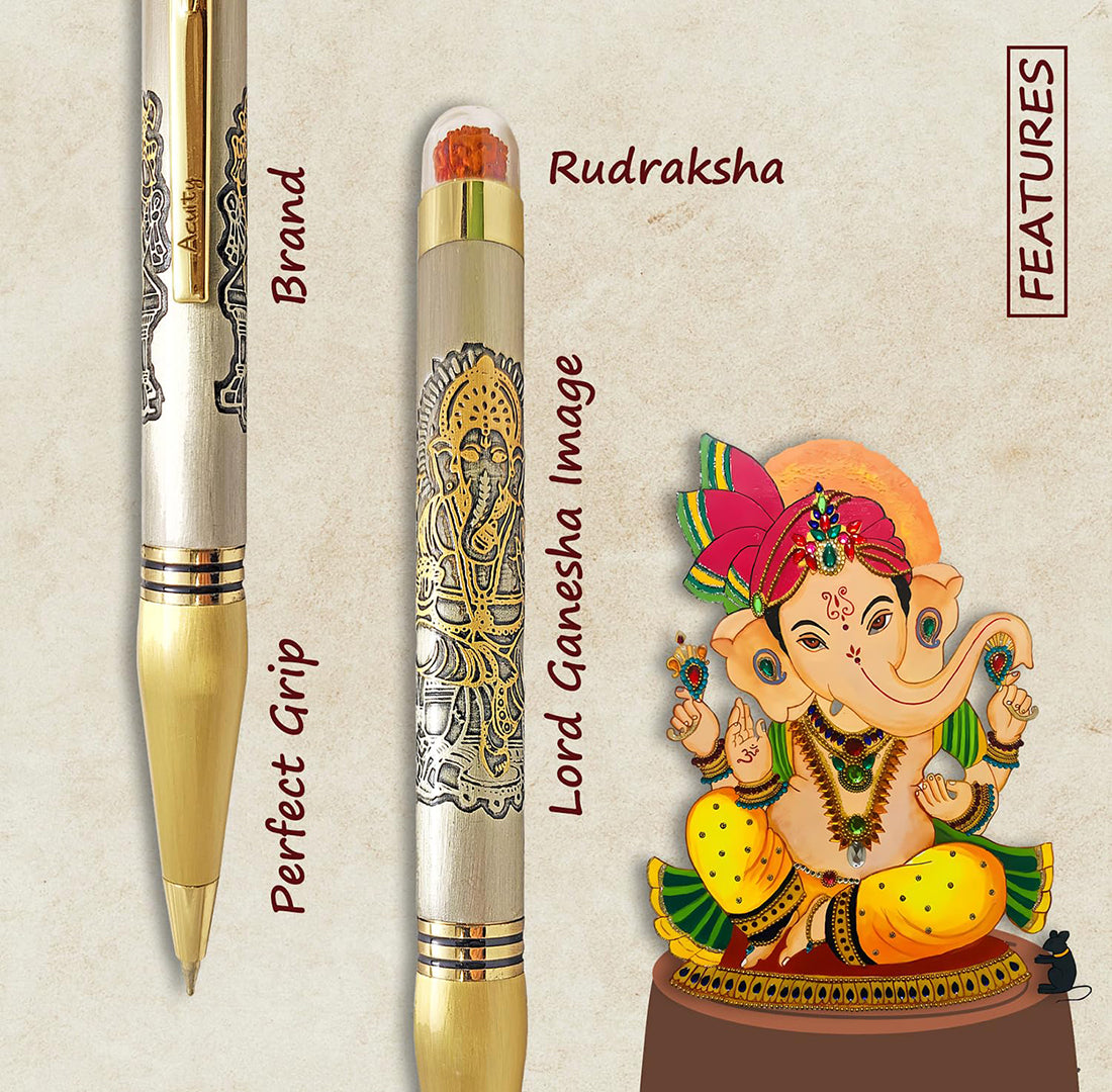 Acuity Lord Ganesh Image Ball Point Pen | Rudraksha Bead | Metal Finish | Comes in a Pen Pouch | 20001