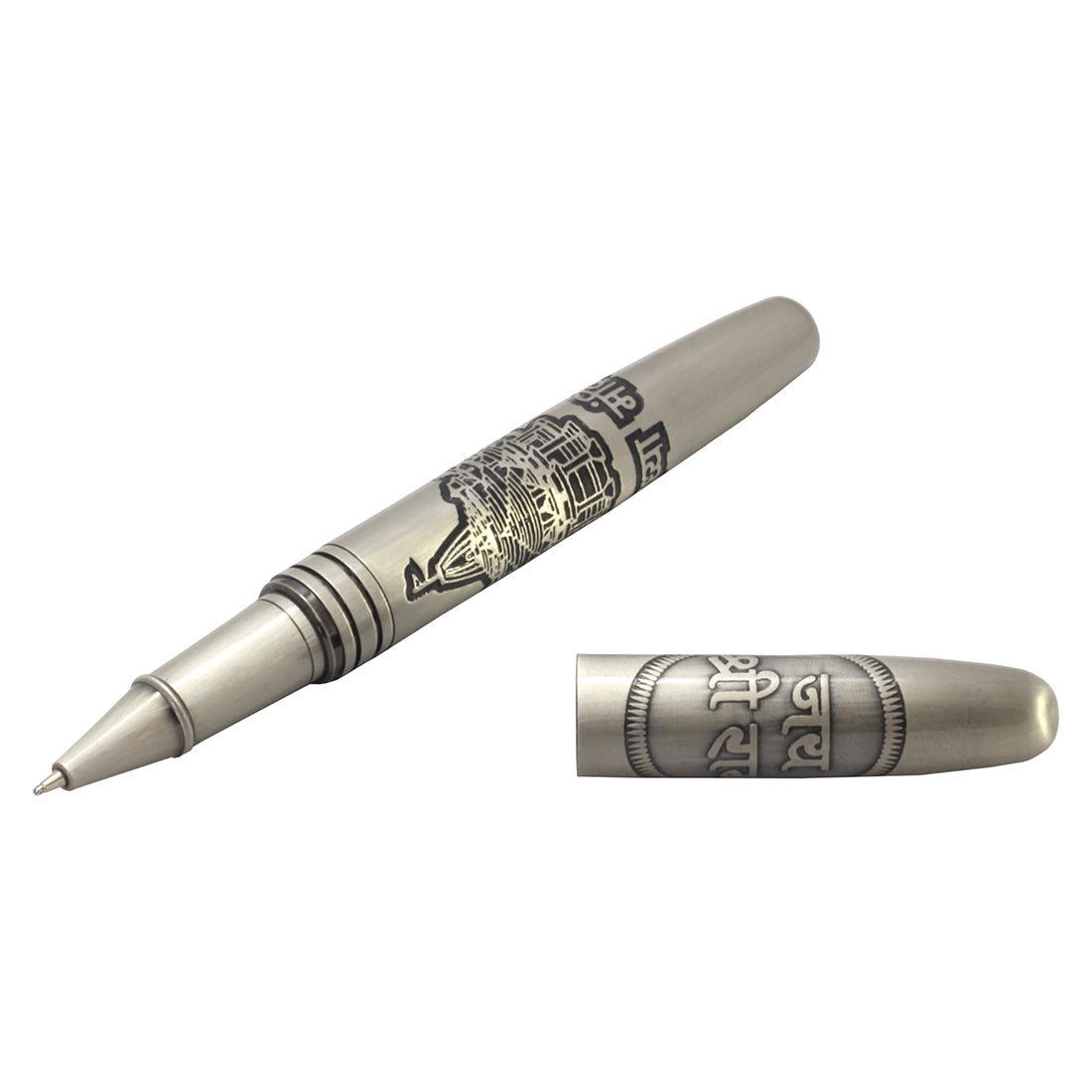 Acuity Ayodhya Mandir Roller Ball Pen with Jai Shree Ram Engraved on Cap - Metal Pen with Classy Chrome Finish - Comes in a Pen Pouch - Ink Colour Blue - 20003