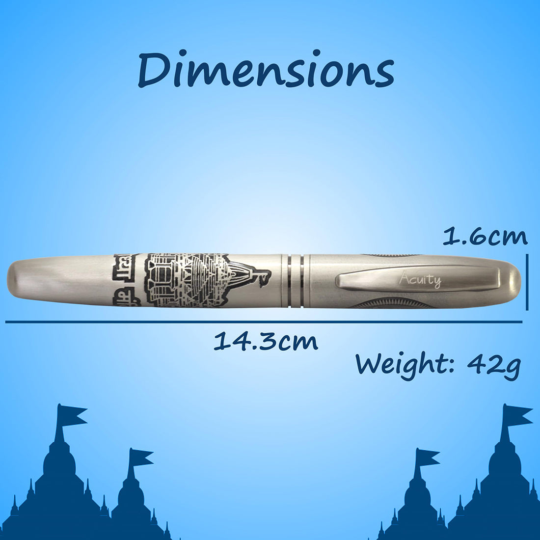Acuity Ayodhya Mandir Roller Ball Pen with Jai Shree Ram Engraved on Cap - Metal Pen with Classy Chrome Finish - Comes in a Pen Pouch - Ink Colour Blue - 20003