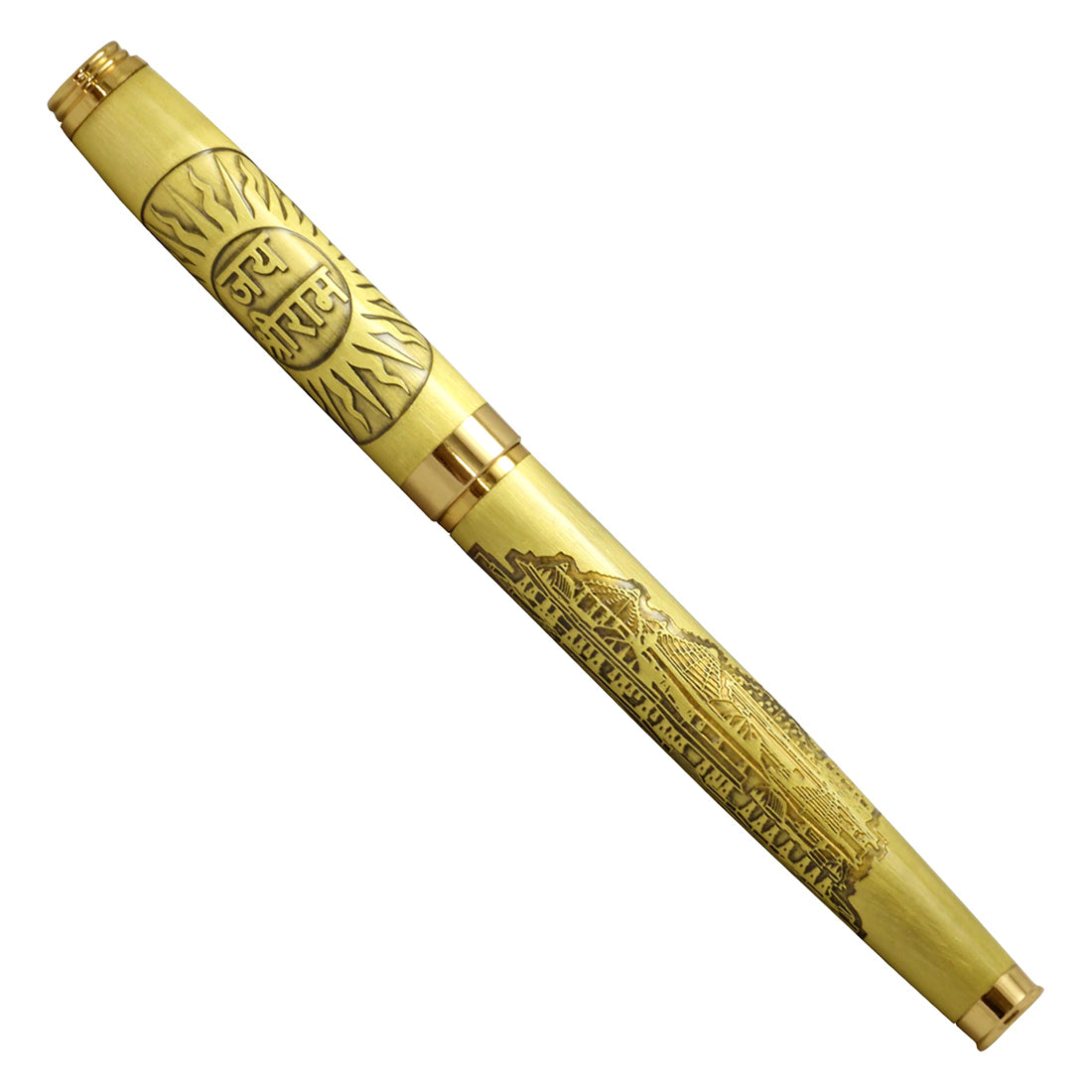 Acuity Ayodhaya Mandir Design Roller Ball Point Pen Metal Body with Jay Shri Ram Image Engraved - Comes in a Pen Pouch - Ink Colour Blue - 20004