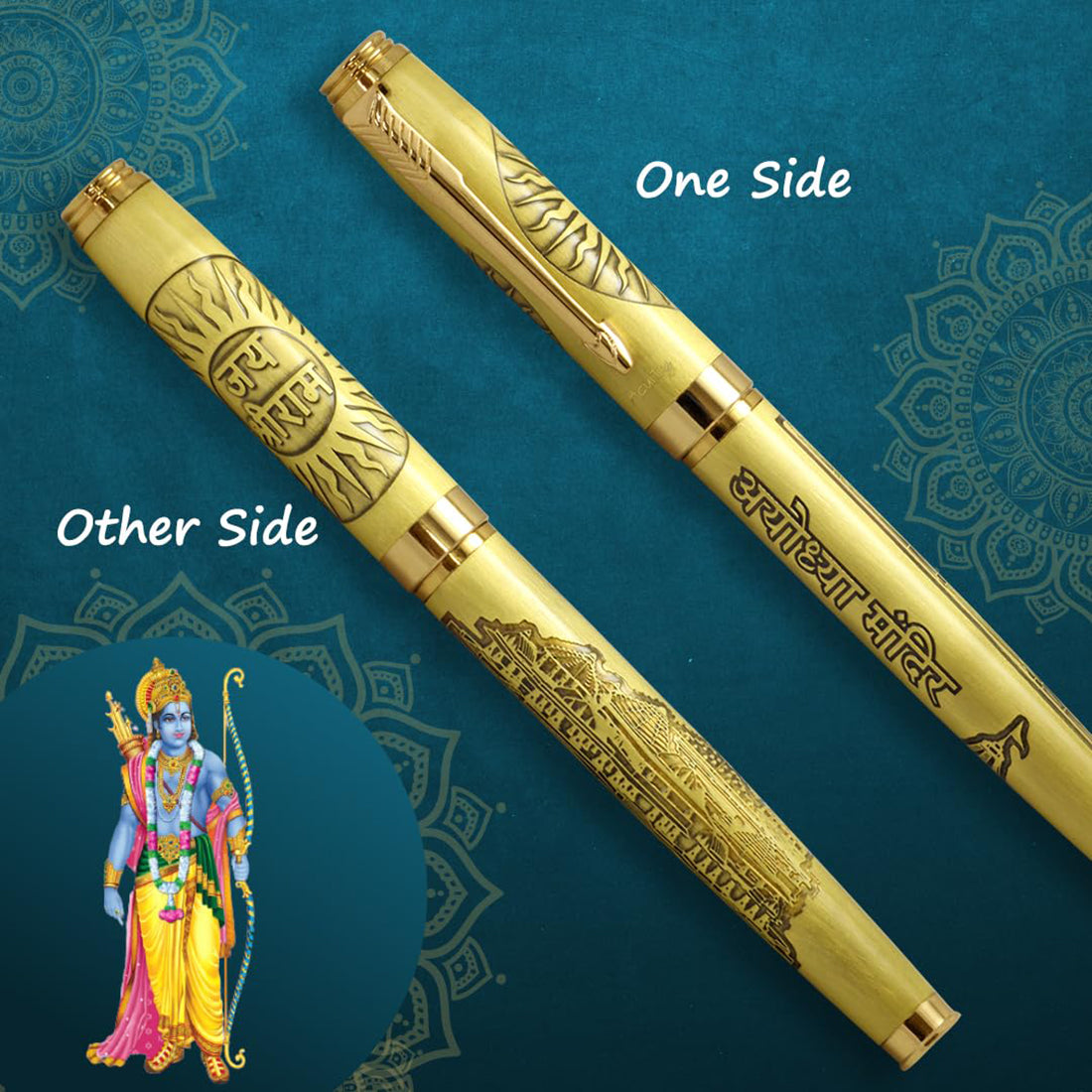 Acuity Ayodhaya Mandir Design Roller Ball Point Pen Metal Body with Jay Shri Ram Image Engraved - Comes in a Pen Pouch - Ink Colour Blue - 20004