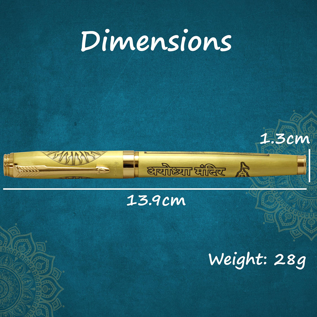 Acuity Ayodhaya Mandir Design Roller Ball Point Pen Metal Body with Jay Shri Ram Image Engraved - Comes in a Pen Pouch - Ink Colour Blue - 20004