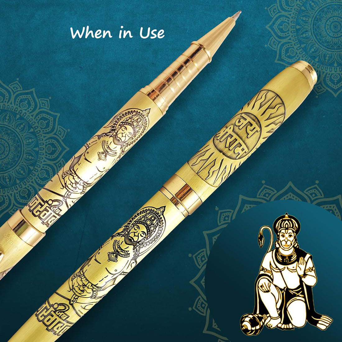 Acuity Roller Ball Point Pen Metal Body with Lord Hanuman Engraved - Comes in a Pen Pouch - Ink Colour Blue - 20005