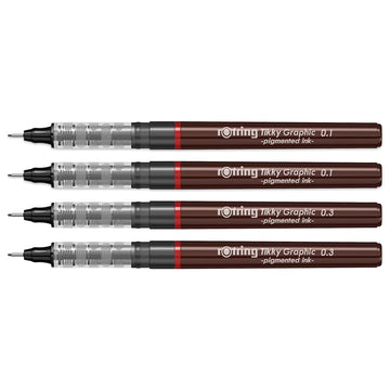 Rotring Tikky Graphic Pigment Liner 0.1mm & 0.3mm Pens - 2 Each With Black Pigmented Ink, Fibre Tip, 4 Pen Set for Art Drawings Mandala Calligraphy Outline Art & Craft