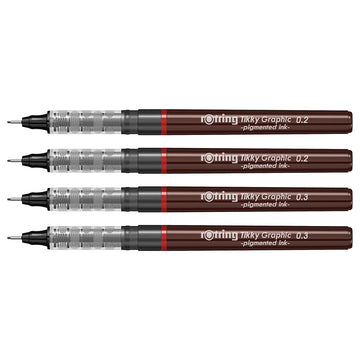Rotring Tikky Graphic Pigment Liner 0.2mm & 0.3mm Pens - 2 Each With Black Pigmented Ink, Fibre Tip, 4 Pen Set for Art Drawings Mandala Calligraphy Outline Art & Craft