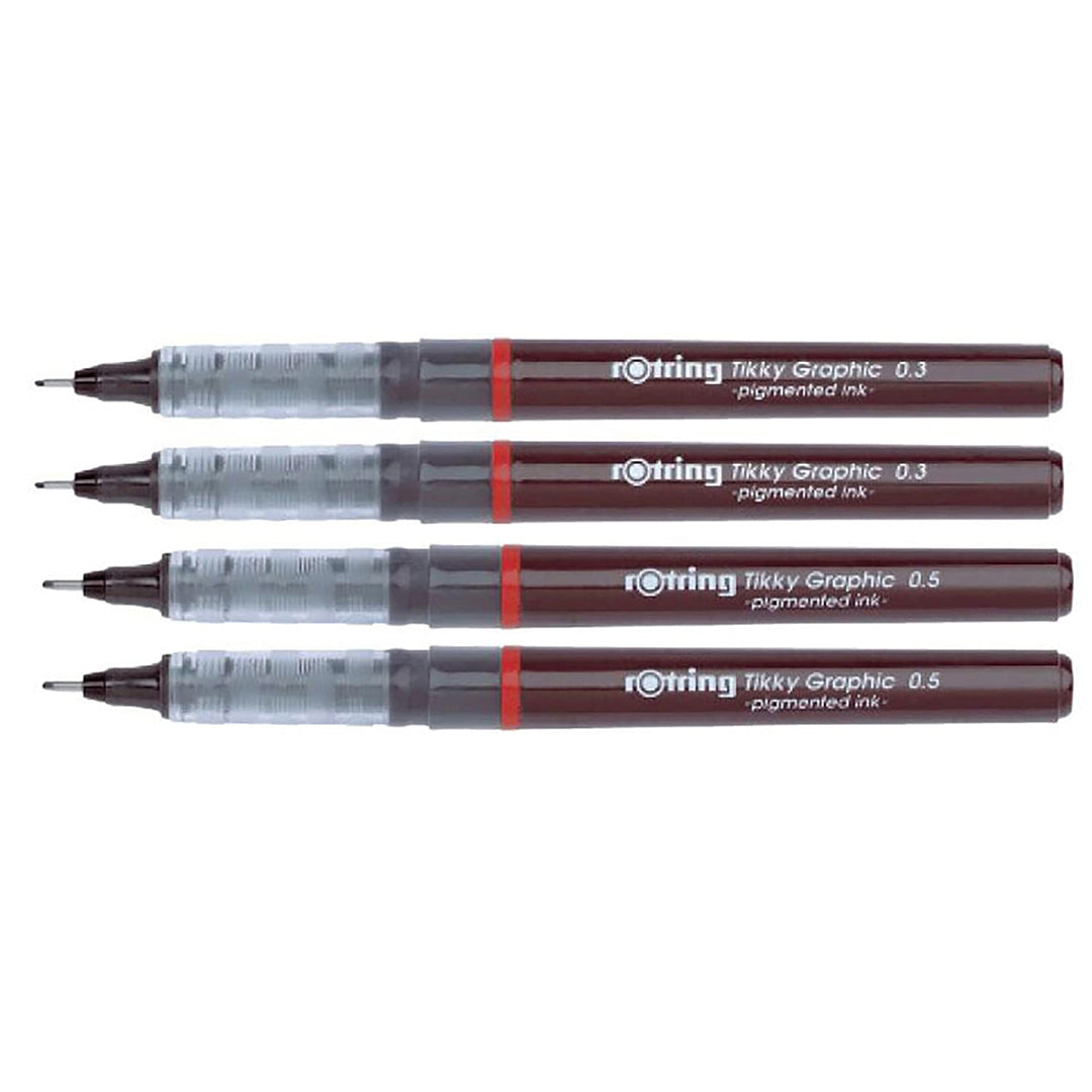 Rotring Tikky Graphic Pigment Liner 0.3mm & 0.5mm Pens - 2 Each With Black Pigmented Ink, Fibre Tip, 4 Pen Set for Art Drawings Mandala Calligraphy Outline Art & Craft