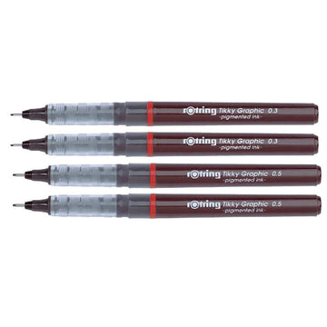Rotring Tikky Graphic Pigment Liner 0.3mm & 0.5mm Pens - 2 Each With Black Pigmented Ink, Fibre Tip, 4 Pen Set for Art Drawings Mandala Calligraphy Outline Art & Craft